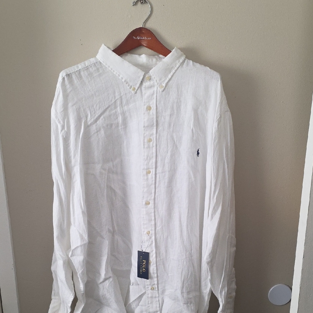 Polo by Ralph Lauren White Button-Down Linen Shirt with Polo Pony